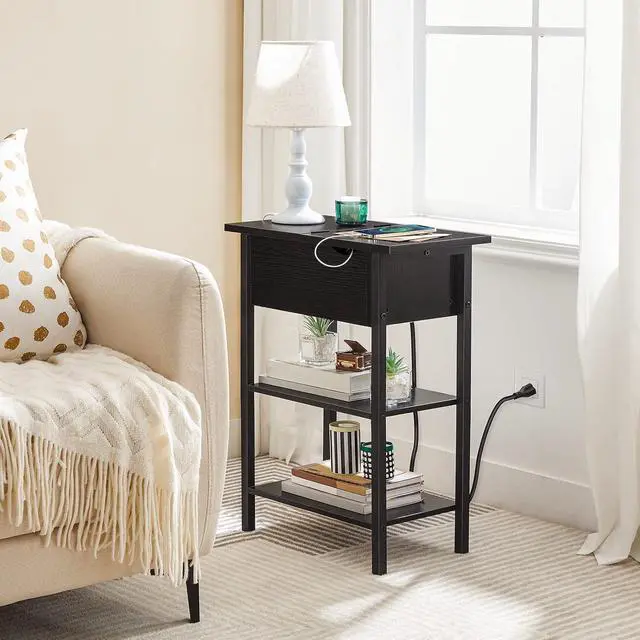 Alt view image 2 of 7 - Side Table, Flip End Table with Charging Station and Shelves, USB Ports & Power Outlets, Narrow Nightstand for Small Spaces, Stable and Sturdy, for Living Room, Black BK341BZ01