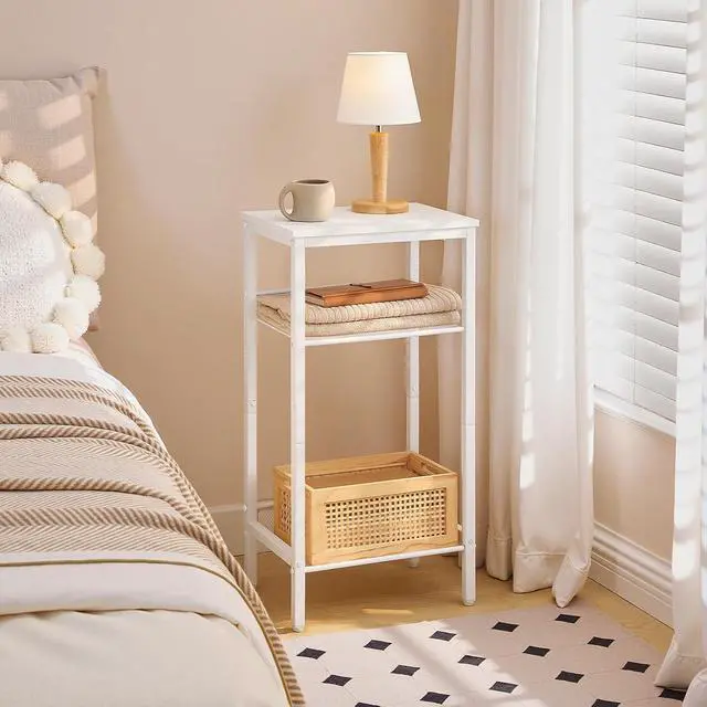 Alt view image 5 of 7 - Tall Side Table, 3-Tier Telephone End Table with Adjustable Mesh Shelves, Small Entryway Table with Storage, Small Nightstand for Living Room, Bedroom, Hallway, Office, White WW01DH01G1