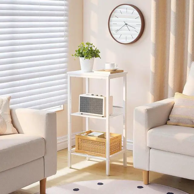 Alt view image 4 of 7 - Tall Side Table, 3-Tier Telephone End Table with Adjustable Mesh Shelves, Small Entryway Table with Storage, Small Nightstand for Living Room, Bedroom, Hallway, Office, White WW01DH01G1