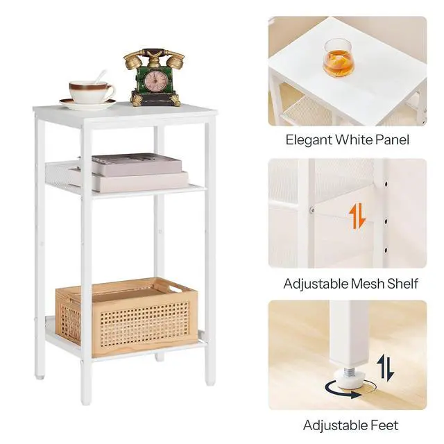 Alt view image 6 of 7 - Tall Side Table, 3-Tier Telephone End Table with Adjustable Mesh Shelves, Small Entryway Table with Storage, Small Nightstand for Living Room, Bedroom, Hallway, Office, White WW01DH01G1