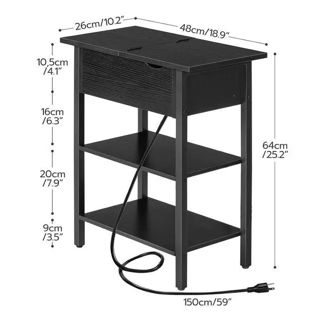 Alt view image 3 of 7 - Side Table, Flip End Table with Charging Station and Shelves, USB Ports & Power Outlets, Narrow Nightstand for Small Spaces, Stable and Sturdy, for Living Room, Black BK341BZ01