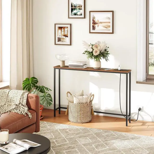 Alt view image 6 of 7 - 47.2" Narrow Console Table with Power Outlet, 5.9" Behind Couch Table with Charging Station, Long Sofa Side Table, Skinny Entryway Table for Living Room, Hallway, Foyer, Rustic Brown BF15XG01G1