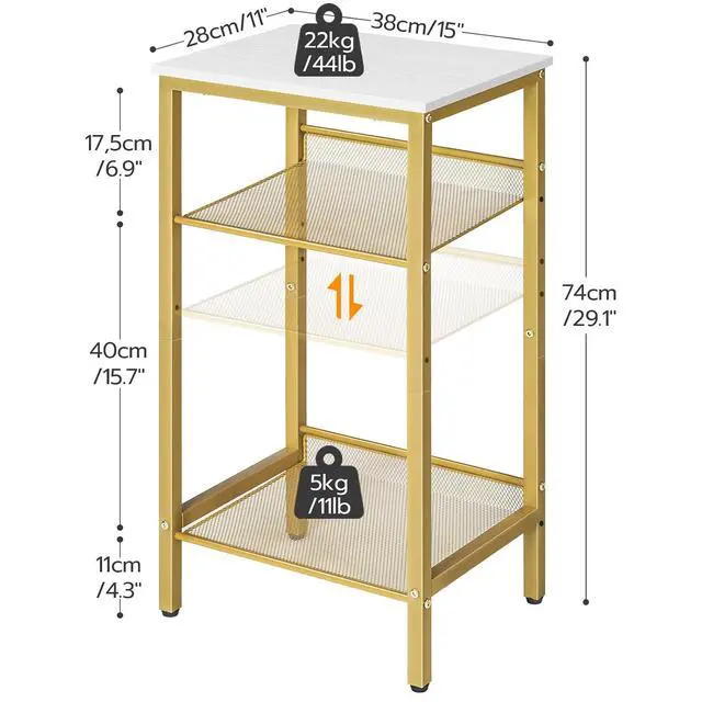 Alt view image 3 of 7 - Tall Side Table, 3-Tier Telephone End Table with Adjustable Mesh Shelves, Small Entryway Table with Storage, Small Nightstand for Living Room, Bedroom, Hallway, White and Gold DW01DH01G1