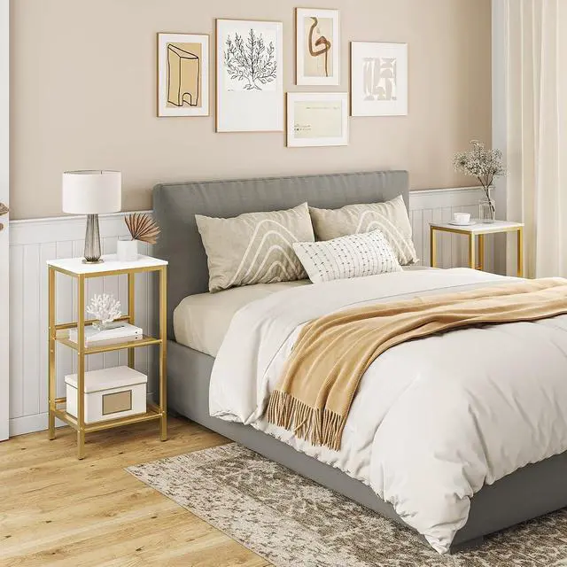 Alt view image 5 of 7 - Tall Side Table, 3-Tier Telephone End Table with Adjustable Mesh Shelves, Small Entryway Table with Storage, Small Nightstand for Living Room, Bedroom, Hallway, White and Gold DW01DH01G1