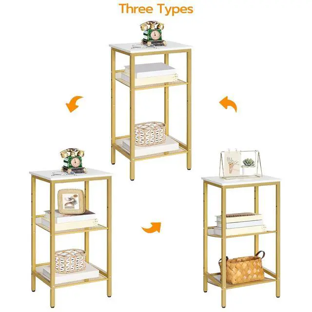 Alt view image 6 of 7 - Tall Side Table, 3-Tier Telephone End Table with Adjustable Mesh Shelves, Small Entryway Table with Storage, Small Nightstand for Living Room, Bedroom, Hallway, White and Gold DW01DH01G1