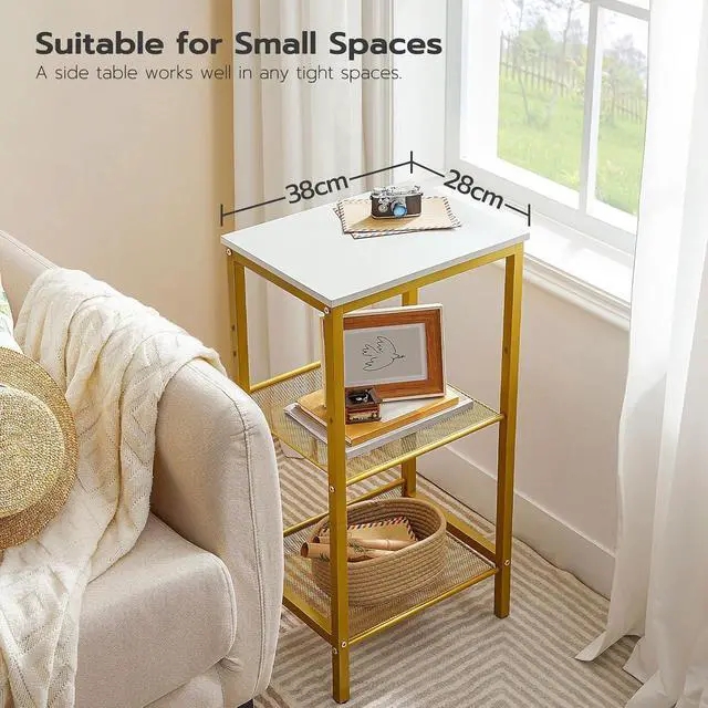 Alt view image 4 of 7 - Tall Side Table, 3-Tier Telephone End Table with Adjustable Mesh Shelves, Small Entryway Table with Storage, Small Nightstand for Living Room, Bedroom, Hallway, White and Gold DW01DH01G1