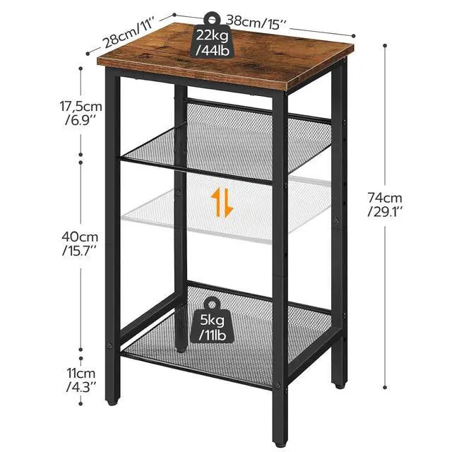 Alt view image 3 of 7 - Side Table, 3-Tier Tall End Telephone Table with Adjustable Mesh Shelves, Small Entry Table for Living Room Bedroom Hallway or Office, Rustic Brown and Black BF01DH01G1