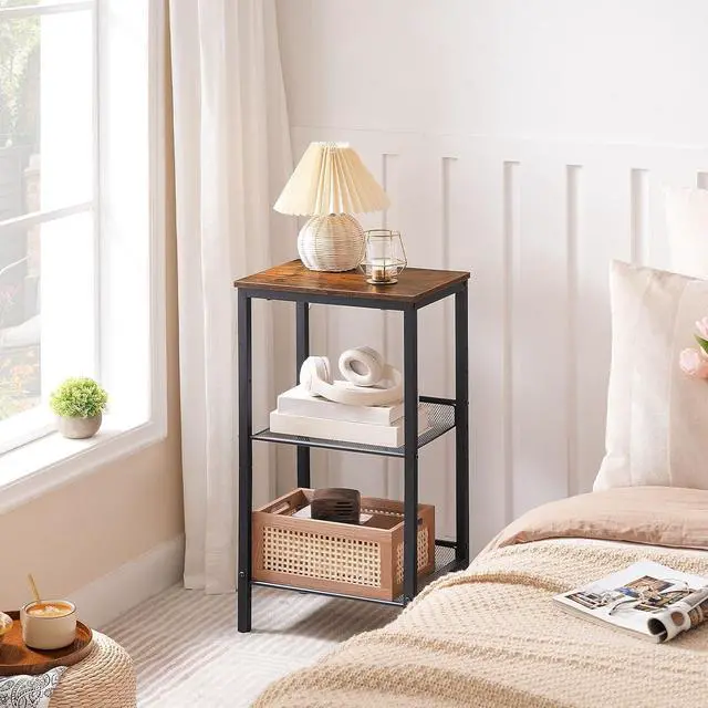 Alt view image 5 of 7 - Side Table, 3-Tier Tall End Telephone Table with Adjustable Mesh Shelves, Small Entry Table for Living Room Bedroom Hallway or Office, Rustic Brown and Black BF01DH01G1