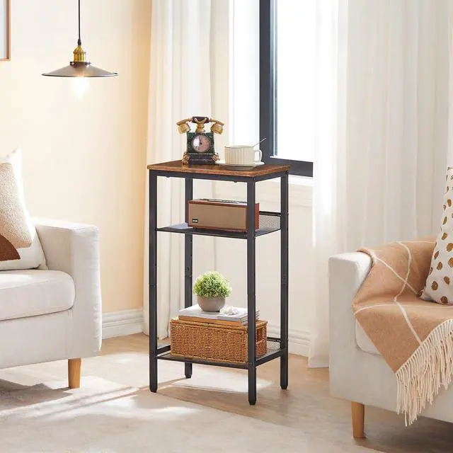 Alt view image 4 of 7 - Side Table, 3-Tier Tall End Telephone Table with Adjustable Mesh Shelves, Small Entry Table for Living Room Bedroom Hallway or Office, Rustic Brown and Black BF01DH01G1