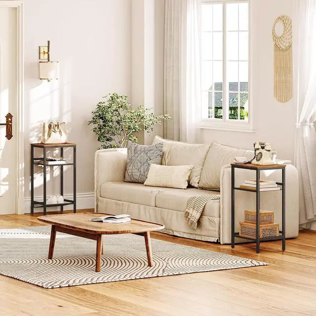 Alt view image 2 of 7 - Side Table, 3-Tier Tall End Telephone Table with Adjustable Mesh Shelves, Small Entry Table for Living Room Bedroom Hallway or Office, Rustic Brown and Black BF01DH01G1