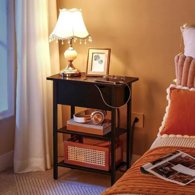 Alt view image 4 of 7 - Side Table, Flip End Table with Charging Station and Shelves, USB Ports & Power Outlets, Narrow Nightstand for Small Spaces, Stable and Sturdy, for Living Room, Black BK341BZ01