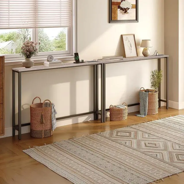 Alt view image 4 of 7 - 47.2" Narrow Console Table with Power Outlets, 5.9" Behind Couch Table with Charging Station, Narrow Sofa Table, Long Entryway Table for Living Room, Hallway, Foyer, Greige BG15XG01G1