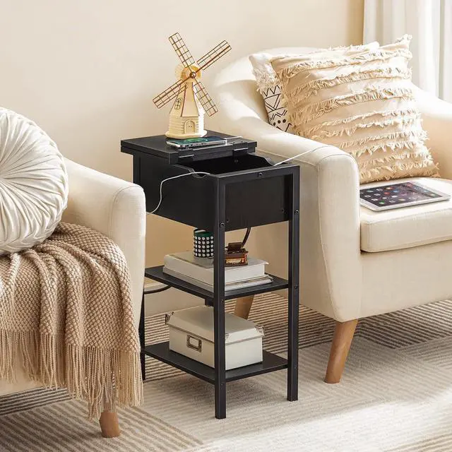 Alt view image 5 of 7 - Side Table, Flip End Table with Charging Station and Shelves, USB Ports & Power Outlets, Narrow Nightstand for Small Spaces, Stable and Sturdy, for Living Room, Black BK341BZ01