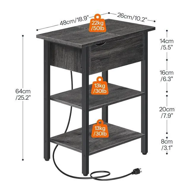 Alt view image 3 of 7 - End Table with Charging Station, Narrow Side Table, Flip Top Nightstand with USB Ports and Outlets, Bedside Tables with Shelf for Small Spaces, Living Room, Charcoal Black BC341BZ01