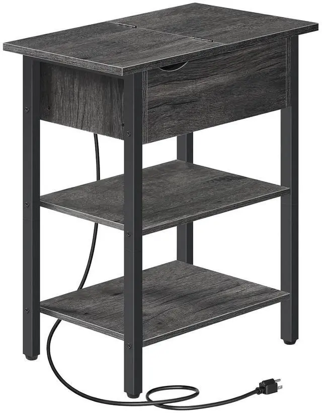Main image of End Table with Charging Station, Narrow Side Table, Flip Top Nightstand with USB Ports and Outlets, Bedside Tables with Shelf for Small Spaces, Living Room, Charcoal Black BC341BZ01