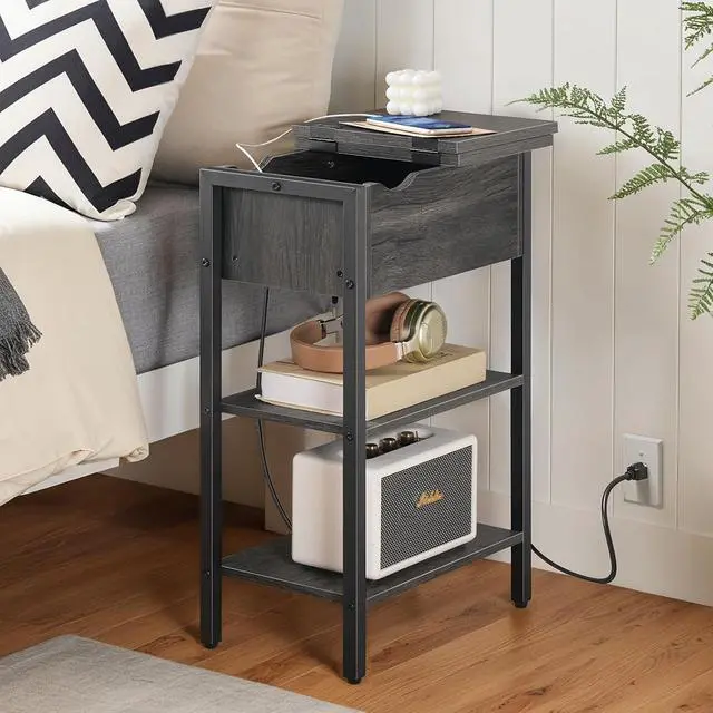 Alt view image 2 of 7 - End Table with Charging Station, Narrow Side Table, Flip Top Nightstand with USB Ports and Outlets, Bedside Tables with Shelf for Small Spaces, Living Room, Charcoal Black BC341BZ01