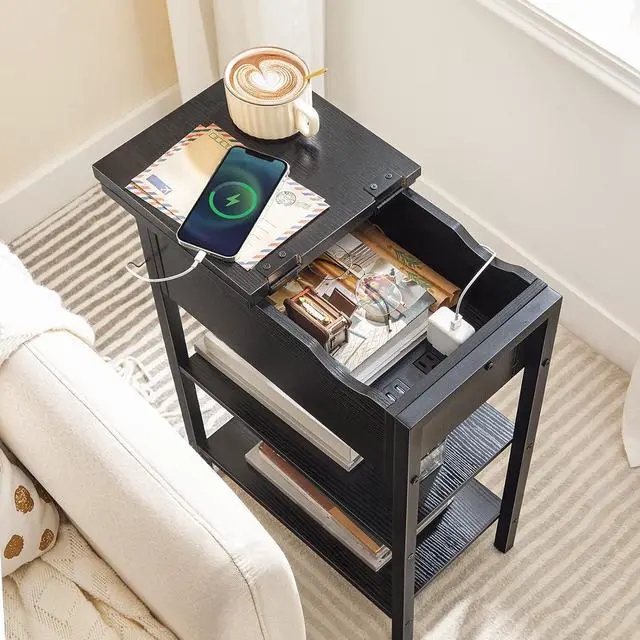 Alt view image 7 of 7 - Side Table, Flip End Table with Charging Station and Shelves, USB Ports & Power Outlets, Narrow Nightstand for Small Spaces, Stable and Sturdy, for Living Room, Black BK341BZ01