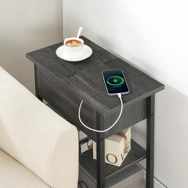 Alt view image 4 of 7 - End Table with Charging Station, Narrow Side Table, Flip Top Nightstand with USB Ports and Outlets, Bedside Tables with Shelf for Small Spaces, Living Room, Charcoal Black BC341BZ01