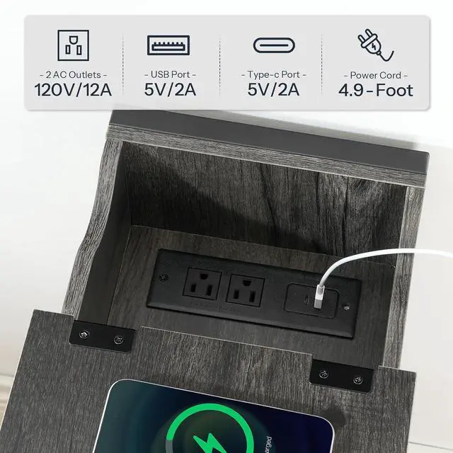 Alt view image 6 of 7 - End Table with Charging Station, Narrow Side Table, Flip Top Nightstand with USB Ports and Outlets, Bedside Tables with Shelf for Small Spaces, Living Room, Charcoal Black BC341BZ01