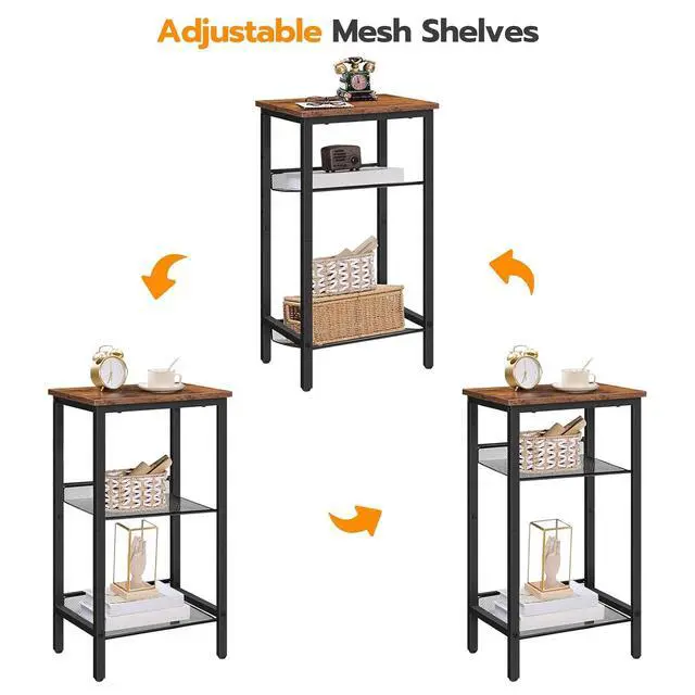 Alt view image 7 of 7 - Side Table, 3-Tier Tall End Telephone Table with Adjustable Mesh Shelves, Small Entry Table for Living Room Bedroom Hallway or Office, Rustic Brown and Black BF01DH01G1