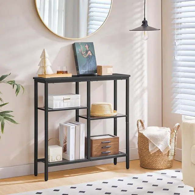 Alt view image 2 of 7 - Narrow Console Table, Sofa Table, 4-Tier Industrial Entryway Table with Metal Mesh Shelf, Hallway Table with Adjustable Feet, for Entryway, Living Room, Hallway, Black BB79XG01