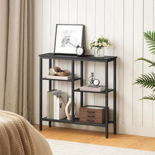 Alt view image 4 of 7 - Narrow Console Table, Sofa Table, 4-Tier Industrial Entryway Table with Metal Mesh Shelf, Hallway Table with Adjustable Feet, for Entryway, Living Room, Hallway, Black BB79XG01