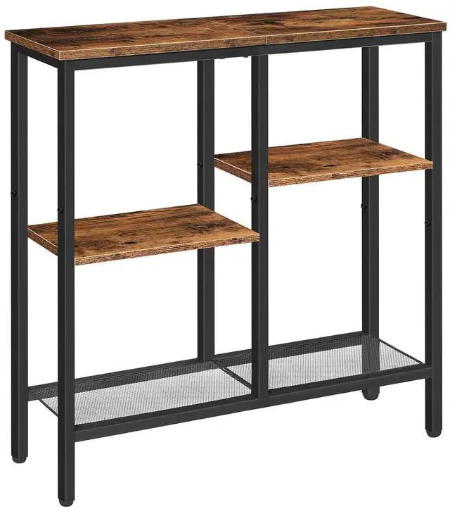 Main image of Narrow Console Table, Sofa Table, 4-Tier Industrial Entryway Table with Metal Mesh Shelf, Hallway Table with Adjustable Feet, for Entryway, Living Room, Hallway, Rustic Brown and Black BF79XG01