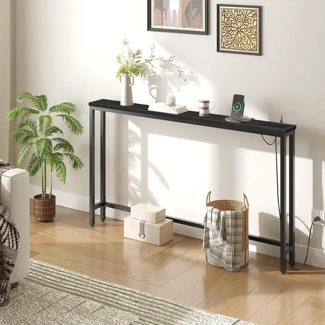 Alt view image 6 of 7 - 55.1" Narrow Console Table with Power Outlets, 5.9" Behind Couch Table with Charging Station, Long Sofa Table, Skinny Entryway Table for Living Room, Hallway, Foyer, Black BB145UXG01