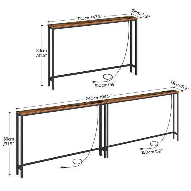 Alt view image 3 of 7 - 2 Pack 5.9" Narrow Console Table with Power Outlets, 47.2" Behind Couch Table with Charging Station, Long Sofa Side Table, Skinny Entryway Table for Living Room, Rustic Brown BF15XGP201G1