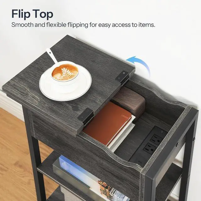 Alt view image 7 of 7 - End Table with Charging Station, Narrow Side Table, Flip Top Nightstand with USB Ports and Outlets, Bedside Tables with Shelf for Small Spaces, Living Room, Charcoal Black BC341BZ01