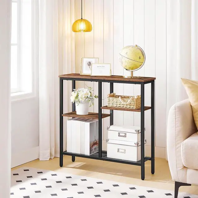 Alt view image 4 of 7 - Narrow Console Table, Sofa Table, 4-Tier Industrial Entryway Table with Metal Mesh Shelf, Hallway Table with Adjustable Feet, for Entryway, Living Room, Hallway, Rustic Brown and Black BF79XG01