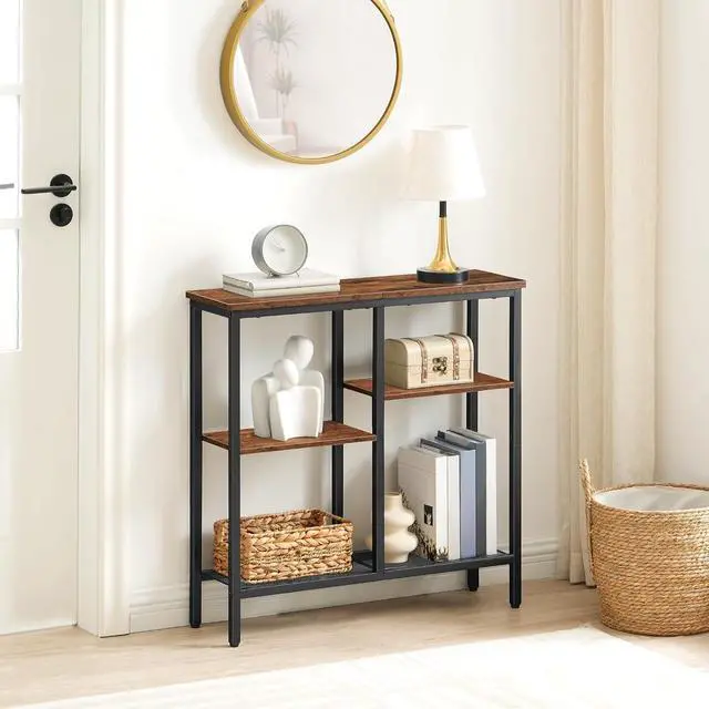 Alt view image 2 of 7 - Narrow Console Table, Sofa Table, 4-Tier Industrial Entryway Table with Metal Mesh Shelf, Hallway Table with Adjustable Feet, for Entryway, Living Room, Hallway, Rustic Brown and Black BF79XG01