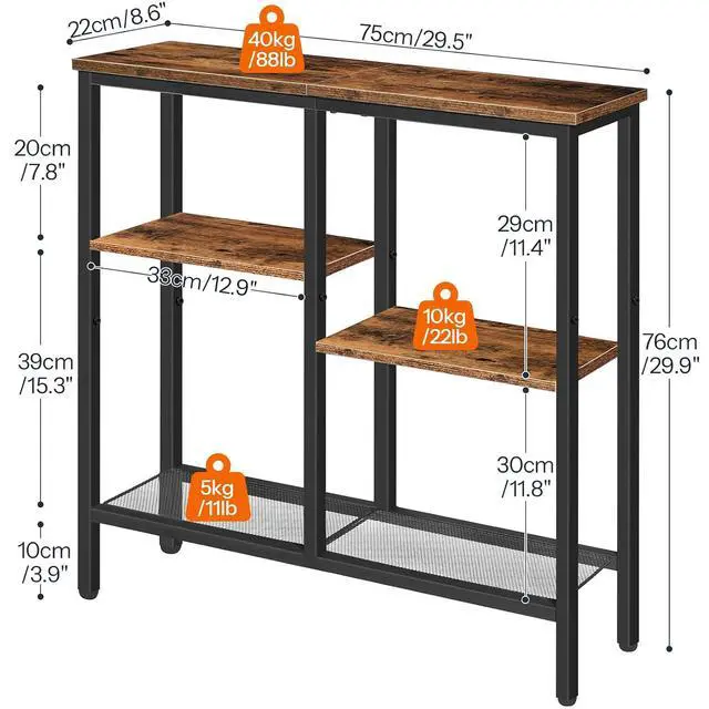 Alt view image 3 of 7 - Narrow Console Table, Sofa Table, 4-Tier Industrial Entryway Table with Metal Mesh Shelf, Hallway Table with Adjustable Feet, for Entryway, Living Room, Hallway, Rustic Brown and Black BF79XG01