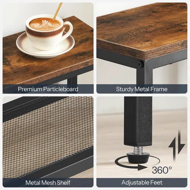 Alt view image 6 of 7 - Narrow Console Table, Sofa Table, 4-Tier Industrial Entryway Table with Metal Mesh Shelf, Hallway Table with Adjustable Feet, for Entryway, Living Room, Hallway, Rustic Brown and Black BF79XG01
