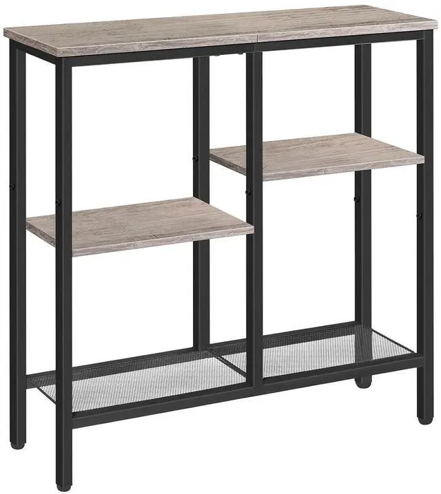 Main image of Narrow Console Table, Sofa Table, 4-Tier Industrial Entryway Table with Metal Mesh Shelf, Hallway Table with Adjustable Feet, for Entryway, Living Room, Hallway, Greige and Black BG79XG01