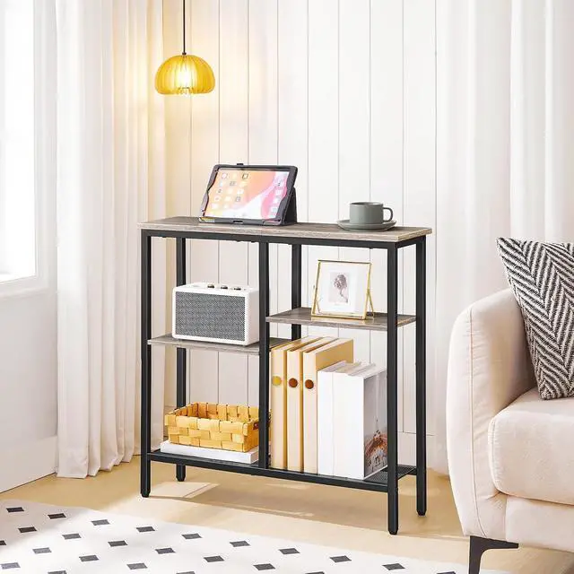 Alt view image 4 of 7 - Narrow Console Table, Sofa Table, 4-Tier Industrial Entryway Table with Metal Mesh Shelf, Hallway Table with Adjustable Feet, for Entryway, Living Room, Hallway, Greige and Black BG79XG01