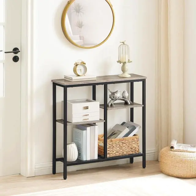 Alt view image 2 of 7 - Narrow Console Table, Sofa Table, 4-Tier Industrial Entryway Table with Metal Mesh Shelf, Hallway Table with Adjustable Feet, for Entryway, Living Room, Hallway, Greige and Black BG79XG01