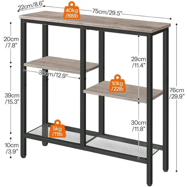 Alt view image 3 of 7 - Narrow Console Table, Sofa Table, 4-Tier Industrial Entryway Table with Metal Mesh Shelf, Hallway Table with Adjustable Feet, for Entryway, Living Room, Hallway, Greige and Black BG79XG01