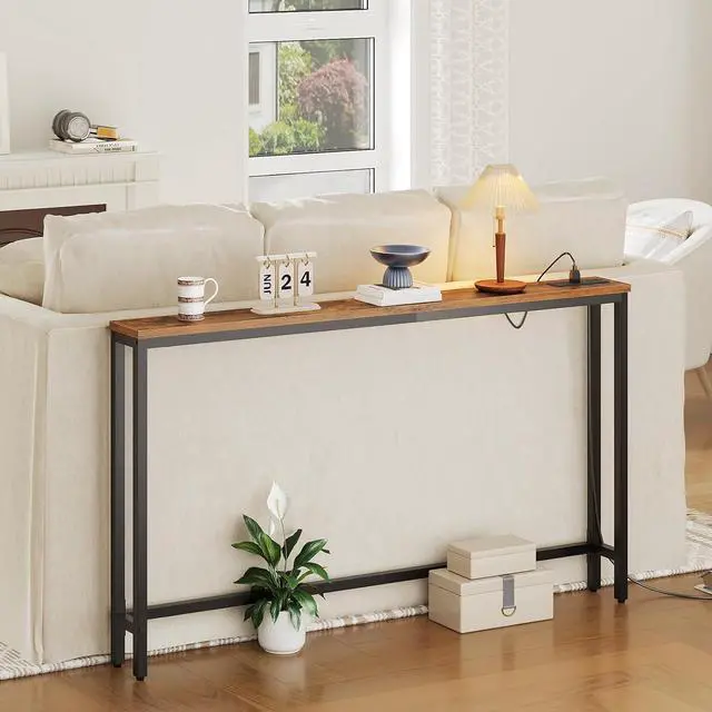 Alt view image 5 of 7 - 55.1" Narrow Console Table with Power Outlets, 5.9" Behind Couch Table with Charging Station, Long Sofa Table, Skinny Entryway Table for Living Room, Hallway, Foyer, Rustic Brown BF145UXG01