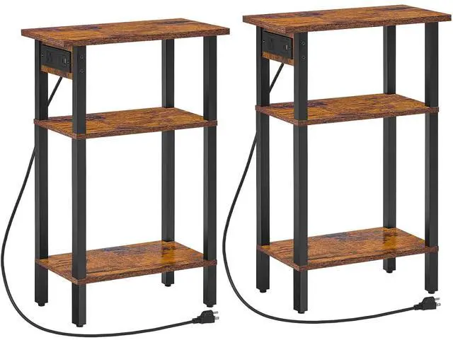 Main image of Narrow Side Table, Set of 2, 3-Tier Slim End Table with Charging Station, Skinny Nightstand with Open Storage, for Small Spaces, Living Room, Bedroom, Study, Rustic Brown and Black BF340UBZP201