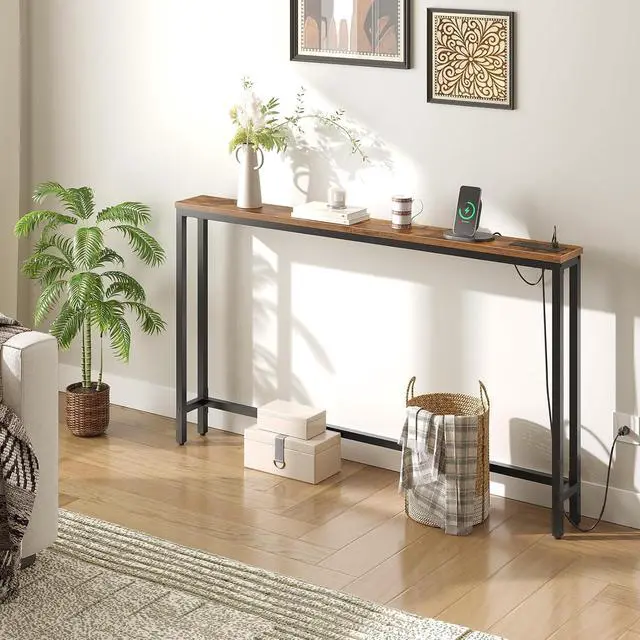 Alt view image 6 of 7 - 55.1" Narrow Console Table with Power Outlets, 5.9" Behind Couch Table with Charging Station, Long Sofa Table, Skinny Entryway Table for Living Room, Hallway, Foyer, Rustic Brown BF145UXG01