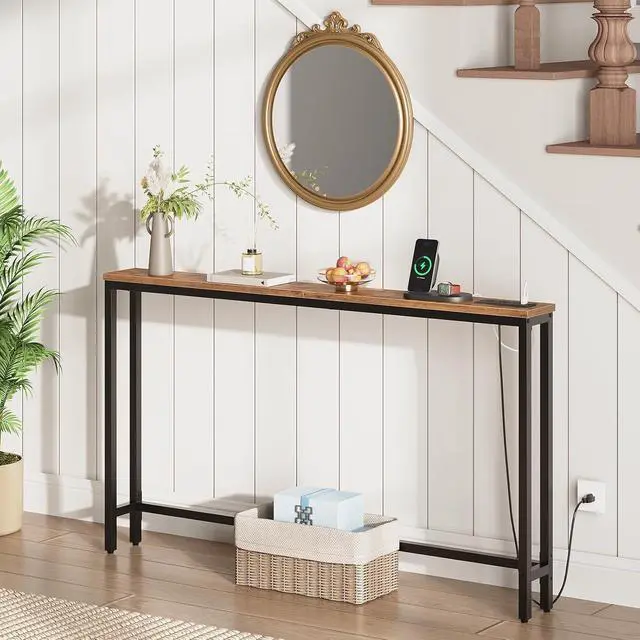 Alt view image 2 of 7 - 55.1" Narrow Console Table with Power Outlets, 5.9" Behind Couch Table with Charging Station, Long Sofa Table, Skinny Entryway Table for Living Room, Hallway, Foyer, Rustic Brown BF145UXG01