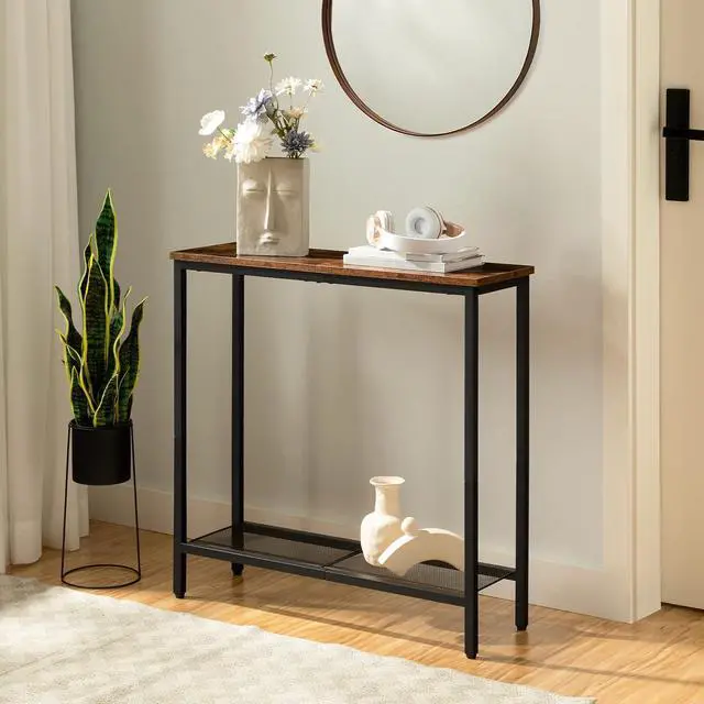 Alt view image 4 of 7 - 29.5" Narrow Console Table, Small Entryway Table with Shelf, 2 Tier Thin Sofa Table, Behind Couch Table, Side Table, for Hallway, Living Room, Bedroom, Rustic Brown and Black BF74XG01