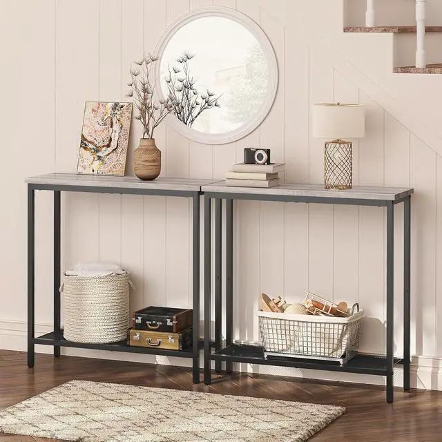 Alt view image 2 of 7 - 29.5" Narrow Console Table, Small Entryway Table with Shelf, 2 Tier Thin Sofa Table, Behind Couch Table, Side Table, for Hallway, Living Room, Bedroom, Greige and Black BG74XG01