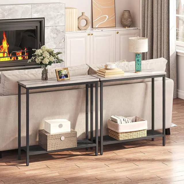 Alt view image 4 of 7 - 29.5" Narrow Console Table, Small Entryway Table with Shelf, 2 Tier Thin Sofa Table, Behind Couch Table, Side Table, for Hallway, Living Room, Bedroom, Greige and Black BG74XG01