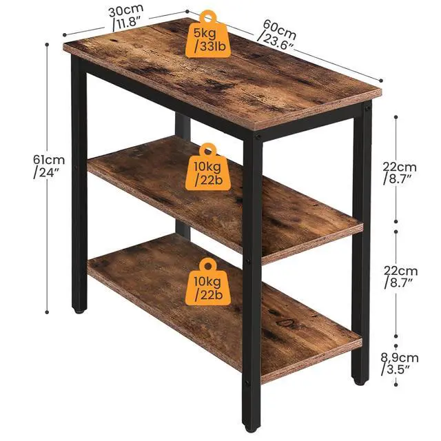 Alt view image 3 of 7 - End Table, Simple Rustic Side Table with 3-Tier Storage Shelf, Narrow Nightstand for Small Spaces, for Living Room, Bedroom,Easy Assembly, Industrial Design, Rustic Brown and Black BF14BZ01