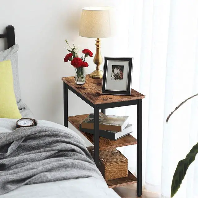 Alt view image 6 of 7 - End Table, Simple Rustic Side Table with 3-Tier Storage Shelf, Narrow Nightstand for Small Spaces, for Living Room, Bedroom,Easy Assembly, Industrial Design, Rustic Brown and Black BF14BZ01