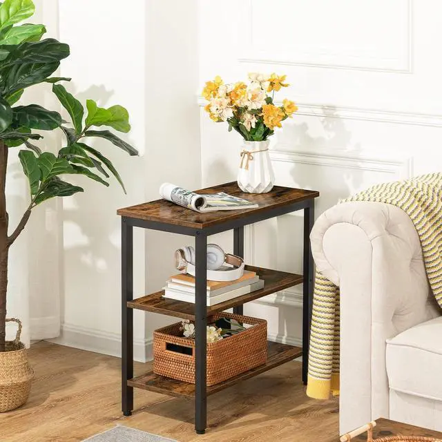 Alt view image 7 of 7 - End Table, Simple Rustic Side Table with 3-Tier Storage Shelf, Narrow Nightstand for Small Spaces, for Living Room, Bedroom,Easy Assembly, Industrial Design, Rustic Brown and Black BF14BZ01