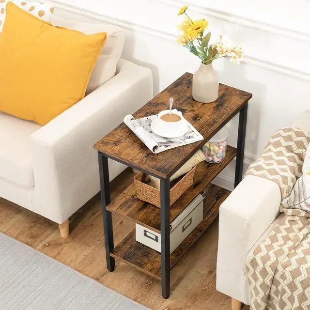 Alt view image 4 of 7 - End Table, Simple Rustic Side Table with 3-Tier Storage Shelf, Narrow Nightstand for Small Spaces, for Living Room, Bedroom,Easy Assembly, Industrial Design, Rustic Brown and Black BF14BZ01