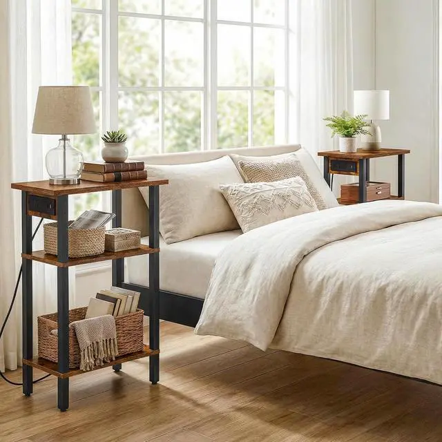 Alt view image 7 of 7 - Narrow Side Table, Set of 2, 3-Tier Slim End Table with Charging Station, Skinny Nightstand with Open Storage, for Small Spaces, Living Room, Bedroom, Study, Rustic Brown and Black BF340UBZP201